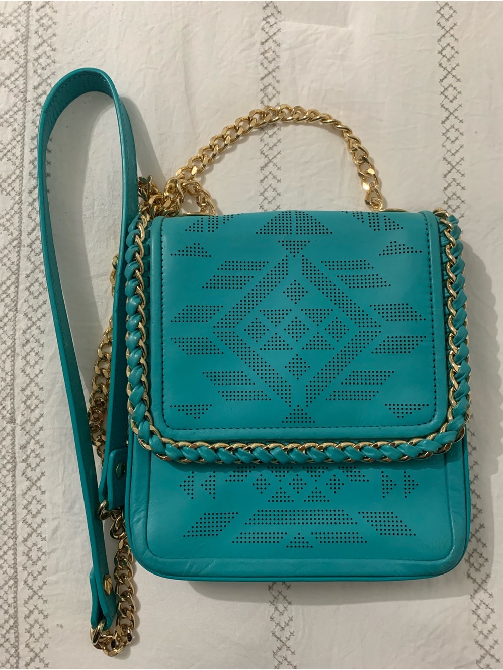 henri bendel Turquoise Perforated Crossbody with Gold Chain Trim
